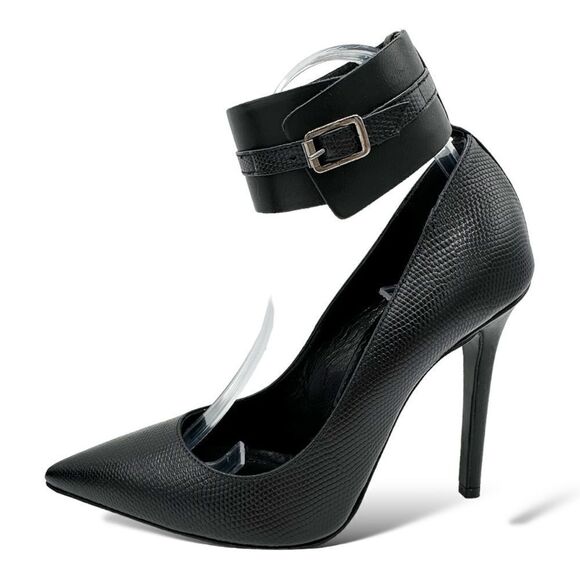 Allsaints Kara‎ Buckle Cuff Pointed Toe Stiletto Black Leather Heel 39/ 8.5 - Picture 1 of 11